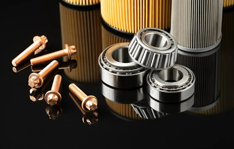 Genuine forklift spare parts on a workshop shelf